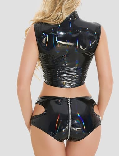 Women's Shiny Faux Leather Set Front Zipper Wet Look Crop Top and Booty Shorts for Dance Rave Club Party