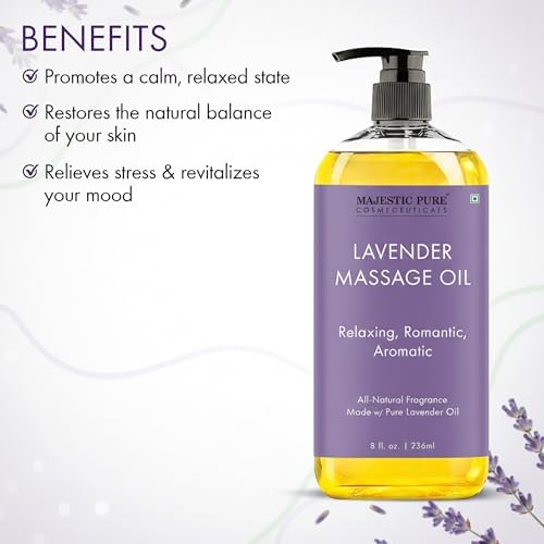 MAJESTIC PURE Lavender Massage Oil for Massage Therapy - Refreshing, and Relaxing - Natural Oils with Lavender Essential Oil - for All Skin Types - Men and Women Massage Lotion - 8 fl oz