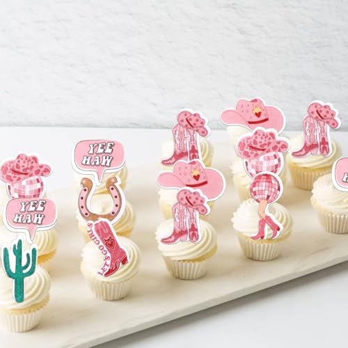 56 PCS Edible Cowgirl Cupcake Toppers HorseShoe Cactus Hat and Boot Cupcake Picks Edible Disco Ball Cup Rodeo Cake Decorations for Western Cowgirl Theme Birthday Party Cake Food Decorations Supplies
