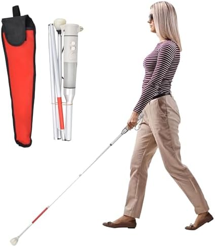 Flash folding blind cane - 4 Sections Aluminum alloy Folding Walking Cane for The Blind,with Sound and Light Voice Alarm + red reflective film(White,B(137cm/54in))