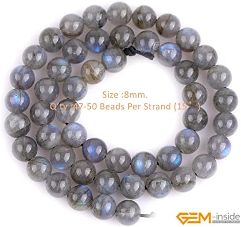 GEM-Inside AAA Grade Natural Blue Rainbow Flash Gray Labradorite Gemstone Beads for Jewelry Making Loose Beads 15" (AA Smooth, 8mm)