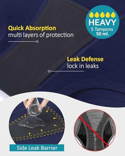 Neione Women Period Underwear Heavy Flow Cotton High-Waisted Sleep Boyshort Menstrual Panties Holds 5 Tampons