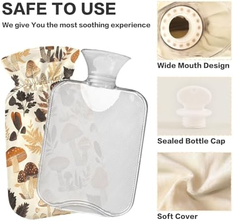 Cottage Style Aesthetic Mushrooms Hot Water Bottle with Cover, 2Liter Soft Velvet Winter Warm Water Bag for Neck and Shoulder Pain Relief Period Cramps Bed Hand Feet Warmer