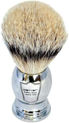 Parker 100% SILVERTIP Badger Shaving Brush – Chrome Handle & Stand – Premium 3-Band Badger Bristles for Smooth, Luxurious Lather