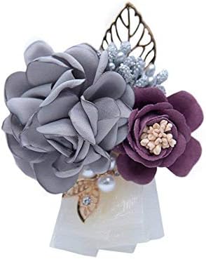 Rose Wedding Wrist Corsage and Boutonniere Set Party Prom Hand Ribbon Flower Suit Decor (Light Gray)