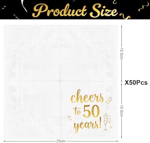 O-Kinee Cheers to 50 Years Cocktail Napkins, 50-Pack Happy 50th Birthday Paper Napkins, 3-Ply White Gold Beverage Napkin, 5x5 Inches Party Napkin for Men Women Birthday Decorations Wedding Anniversary