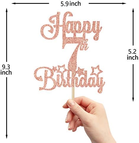 Happy 7th Birthday Cake Topper, Cheers to 7 Years, Hello 7, 7th Birthday Anniversary Party Decorations Rose Gold Glitter.