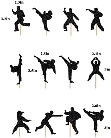 BIABISD 24 Piece Karate Cupcake Toppers Taekwondo Themed Cupcake Toppers Karate Happy Birthday Party Supplies Shiny Black Decorations