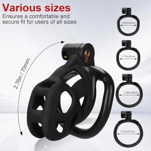 Male Chastity Cage with Elastic Belt & Invisible Lock - 4 Ball Ring Sizes, Ultralight Large Penis Cage for Comfort Fit Long Term Wear(S-70mm) [Black] - BDSM Gear, Bondage Sex Toys Accessories for Men