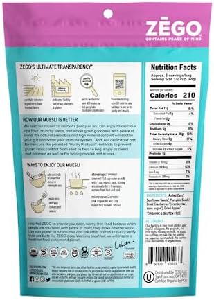 ZEGO Foods Organic Superfood Oatmeal & Muesli, Certified Gluten Free (Apple Cranberry) 13oz