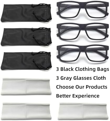 3-Pack Large Square Frame Reading Glasses Men Women Blue Light Blocking Spring Hinge Readers