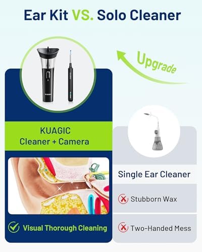 KAUGIC Ear Wax Removal - One-Hand Manual Ear Cleaner with Camera, 7 PCS Ear Spoons, Safe Ear Irrigation Kit for Adults, FSA-HSA-Eligible (Black)