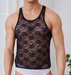 ABAFIP Men's Sheer Lace Tank Top Mesh See Through Sleeveless Muscle Shirt Racer Back Sexy Undershirt Singlet