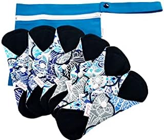 Lilind® 6 Pack Organic Cloth Pads, Regular 7 inch 100% Cotton Reusable Menstrual Sanitary Napkins, Free Wet Bag, Complete Set, Zero Waste