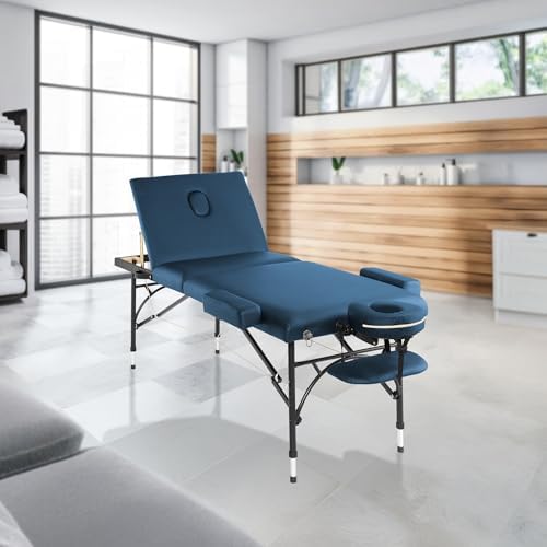 Saloniture Professional Portable Lightweight Tri-Fold Massage Table with Aluminum Legs - Includes Headrest, Face Cradle, Armrests and Carrying Case, Blue