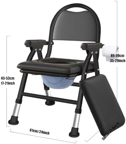 4 in 1 Folding Bedside Commode Chair for Elderly with Adjustable Height, Toilet Seat with Arms Handles and Back Support, Adults Potty Chair with Paper Roll Holder for Seniors, Disabled (Black)