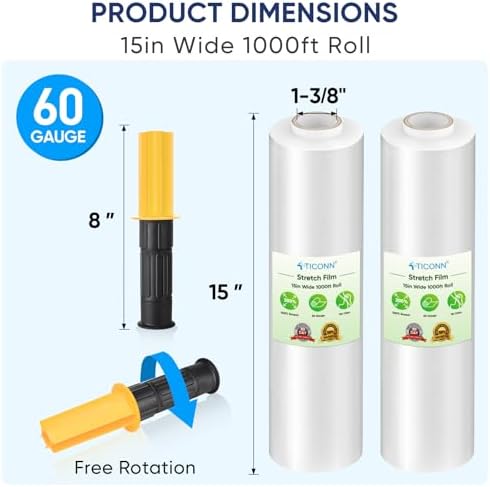 TICONN Stretch Wrap Stretch Film Roll, 1000ft Industrial Strength 15 inch Wide Clear Plastic Wrap with Handles for Pallet Wrapping Shipping Moving