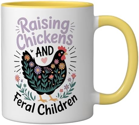 Raising Chickens And Feral Children Ceramic Mug, Yellow/White