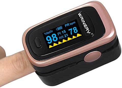 Oxygen Saturation Monitor, Wrinery Premium Pulse Oximeter Fingertip, Oxygen Monitor, O2 Saturation Monitor, OLED Portable Oximetry with Batteries, Lanyard (Rose gold-Royal black)