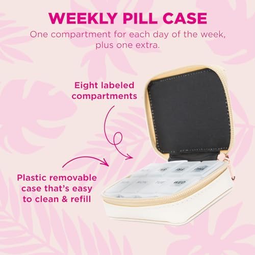 Miamica Women's Zippered Pill Case with 8-Day Removable Plastic Organizer, Beige, 3.5” x 2.75” x 1.25" – Weekly Medicine Box w/Compact Design
