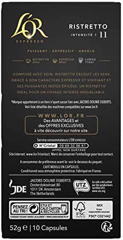 L'Or Espresso Café Ristretto - Intensité 11 - 50 Capsules en Aluminium Compatibles avec les Machines Nespresso (Lot de 5X10 capsules)