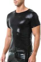 QiaTi Men's Faux Leather Polo Shirts Short Slevees Tops with Zipper Men Muscle Fit Collared Shirts for Casual Club