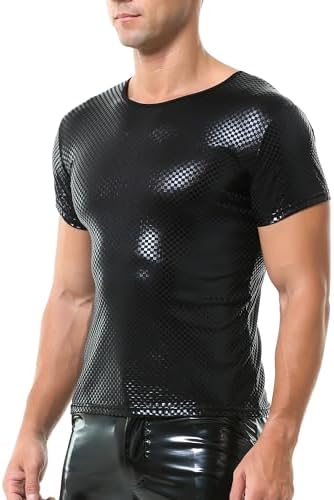 QiaTi Men's Faux Leather Polo Shirts Short Slevees Tops with Zipper Men Muscle Fit Collared Shirts for Casual Club