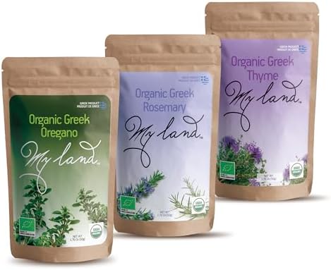 MY LAND Organic Mediterranean Herb Set – Greek Oregano, Rosemary & Thyme from Mount Olympus (3 × 1.76 oz) – USDA Organic Dried Herbs for Cooking, Seasoning & Herbal Tea
