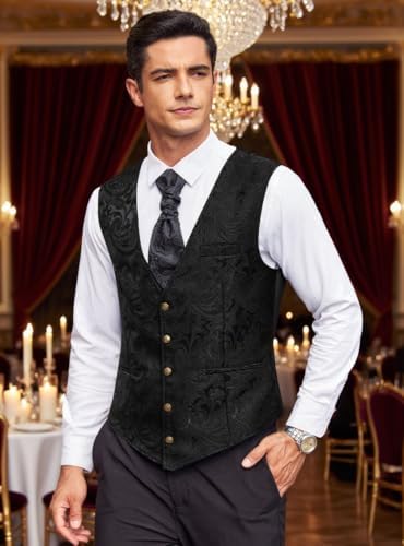 COOFANDY Mens Paisley Tuxedo Vest Victorian Steampunk Gothic Suit Vest Slim Fit V-Neck Waistcoat