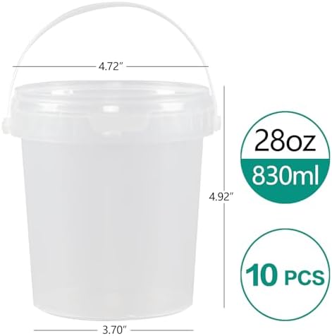 Xyskin 10 Pack Round Plastic Bucket Food Storage Containers, 28 oz Deli Containers with Lid and Handle, Clear Storage Jars Mini Storage for DIY Slime Making, Candy, Art Crafts, Ice Cream, Soup