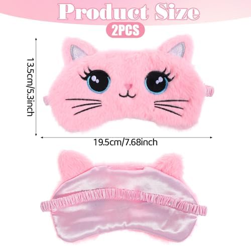 Kids Sleep Mask, 2 Pcs Cute Cat Sleeping Eye Mask Soft Plush Girls Sleep Masks Comfortable Funny Animal Night Eye Masks for Sleeping Blindfold Eye-Cover for Women Girls Home Travel (Pink, White)