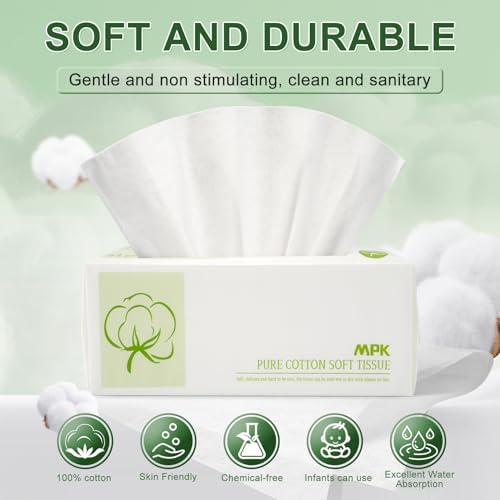 MPK Disposable Face Towel - 100% Cotton Tissues, Unscented Facial Wash Cloth for Sensitive Skin, Super Soft & Thick Facial Towels, Makeup Remover Dry Wipes, 492 Count