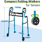 Delog Narrow Folding Walker for Seniors, 3 in 1 Folding Walker with 5” Front Wheels Width Adjustable Compact Standard Walker Support Up to 350lbs (Blue)