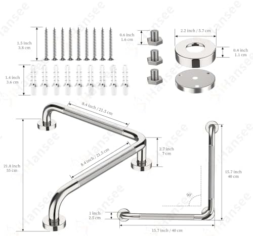 L-Shaped Angled Grab Bar 16x16 Inch Chrome Anti-slip Knurled Shower Handle Wall Mount, Stainless Steel Shower Bars Safety for Seniors Injured Balance Support, Handicap Grab Bars for Bathtubs & Showers