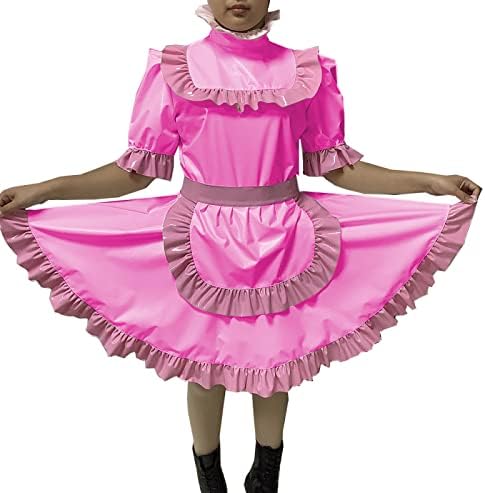 Adult Sexy Lockable Cross Dressing Sissy Maid PVC Dress Lockable Uniform Apron Costume Jumpsuits Rompers,Pink,M
