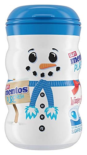 Perfetti van Melle (1) Bottle Mentos Pure Fresh Chewing Gum - Fresh Mint with Green Tea Extract - Snowman Winter Edition Dispenser - Holiday/Christmas Sugar Free Candy - 50 pieces per Bottle