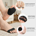 Metatarsal Pads, Ball of Foot Cushion Pads, 2 Pairs, Breathable Five-Toe Half Socks, Anti-Odor Forefoot Support for Women & Men, Fits Heels Sneakers Flats(Black)