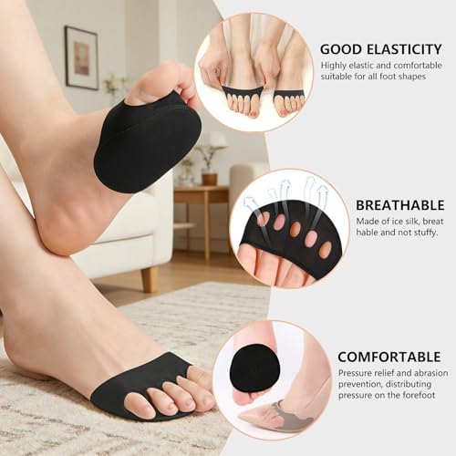Metatarsal Pads, Ball of Foot Cushion Pads, 2 Pairs, Breathable Five-Toe Half Socks, Anti-Odor Forefoot Support for Women & Men, Fits Heels Sneakers Flats(Black)