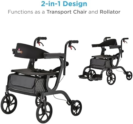 NOVA 2-in-1 Rollator Walker & Transport Chair, Folding Mobility Aid with 10” Front Wheels, Removable Footrests, Lightweight Rolling Walker for Seniors, Walker Wheelchair Combo, Black