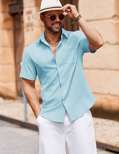 COOFANDY Men's Button Down Short Sleeve Shirt Casual Cotton Summer Beach Linen Wedding Shirts with Pocket