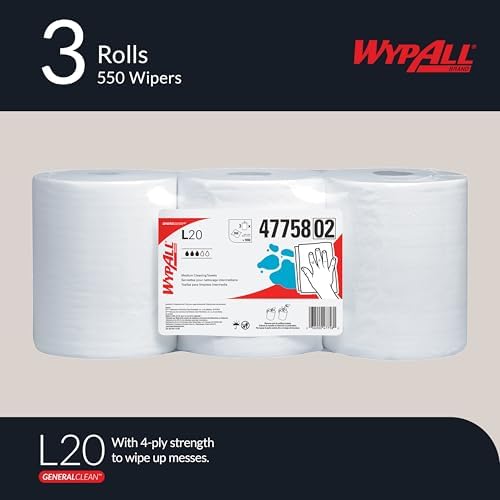 WypAll GeneralClean L20 Cloths Medium Cleaning Wipes (47758), Center-Pull Towels, Bulk Paper Wipers, White (550 Sheets/Roll, 3 Rolls, 1,650 Sheet Total)