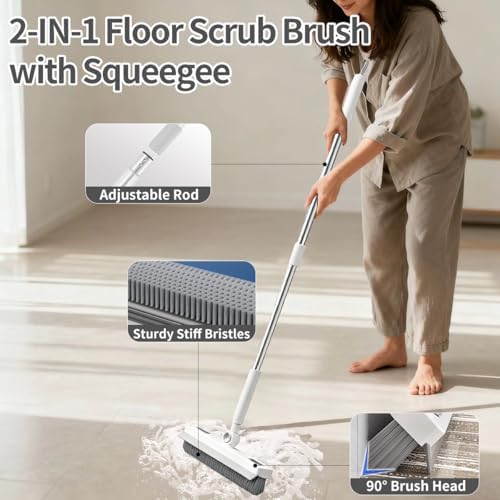 Floor Scrub Brush, 2 in 1 Cleaning Brush with Long Handle,Floor Scrubber Suit for Kitchen, Bedroom, Patio, Shower, Garage & Deck - Heavy Duty Tile, Concrete & Wood Surface Scrubber（White Grey）