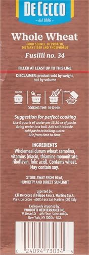De Cecco Whole Wheat Pasta, Fusilli, 13.25 Ounce (Pack of 12) (VIP1034)