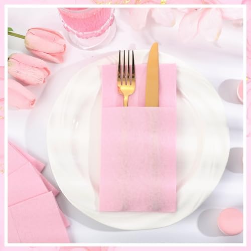 120 Pcs Pink Linen-Feel Paper Napkins with Built-in Flatware Pocket, Mother's Day Pocket Linen Napkin Prefolded Cloth Like Paper Napkins Bulk for Anniversay Wedding Baby Shower Birthday Bridal Party