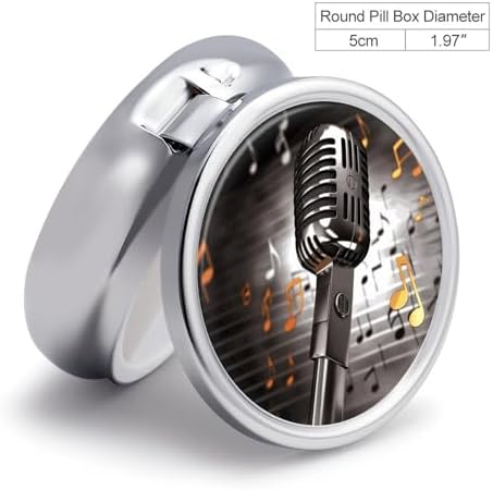 Microphone with Music Notes Pill Box Portable Mini Travel Pill Organizer Holder 3 Compartment Decorative Round Pills Case Exquisite Daily Vitamin Container for Cod Liver Oil