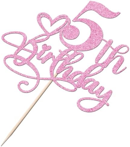 Happy 5th Birthday Cake Topper，Anniversary Party/Boy or Girl Five Year Old Birthday Party Supplies Pink Glitter