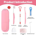 7-in-1 Travel Oral Care Kit with Case – Toothbrush, Tongue Scraper, Wisdom Toothbrush, Dental Floss, Floss Threaders, Interdental Brush, Dental Wax, Portable Hygiene Set for Daily Use Travel (Pink)