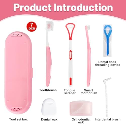 7-in-1 Travel Oral Care Kit with Case – Toothbrush, Tongue Scraper, Wisdom Toothbrush, Dental Floss, Floss Threaders, Interdental Brush, Dental Wax, Portable Hygiene Set for Daily Use Travel (Pink)
