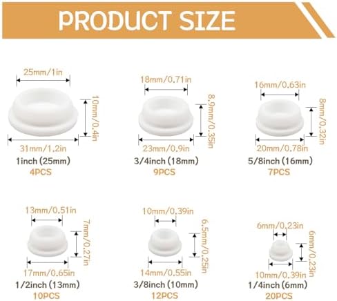 62PCS 6 Sizes White Rubber Hole Plugs for Round Holes Silicone Plugs, 1" 3/4" 5/8" 1/2" 3/8" 1/4" Round Rubber Plug Snap Locking, Used for Furniture DD036-w