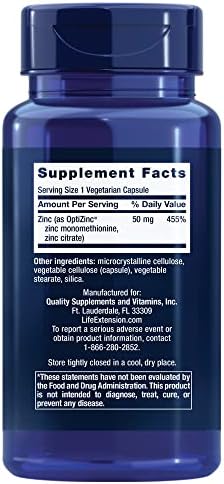 Life Extension Zinc Caps, zinc 50 mg, zinc Citrate, Support The Body's Immune defenses, Ultra-absorbable, Vegetarian, Non-GMO, Gluten-Free, 90 Vegetarian Capsules
